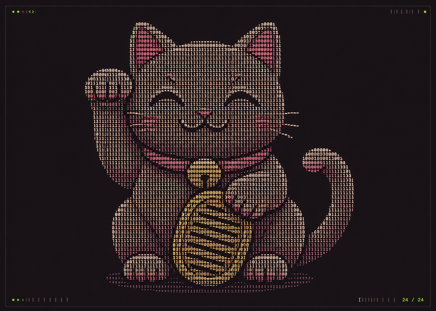 A lucky cat formed entirely from glowing zeros and ones